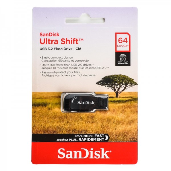 فلش مموری SanDisk مدل  usb3.2 ULTRA SHIFT ظرفیت 64 گیگابایت گارانتی سورین