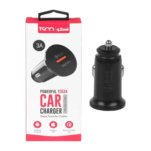 شارژر فندکی TESCO مدل TCG 34 + کابل type-c (فست شارژ)