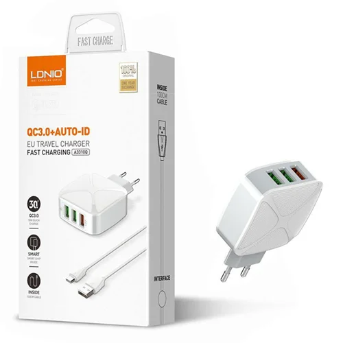 شارژر دیواری باکابل لایتنینگ LDNIO A3310Q