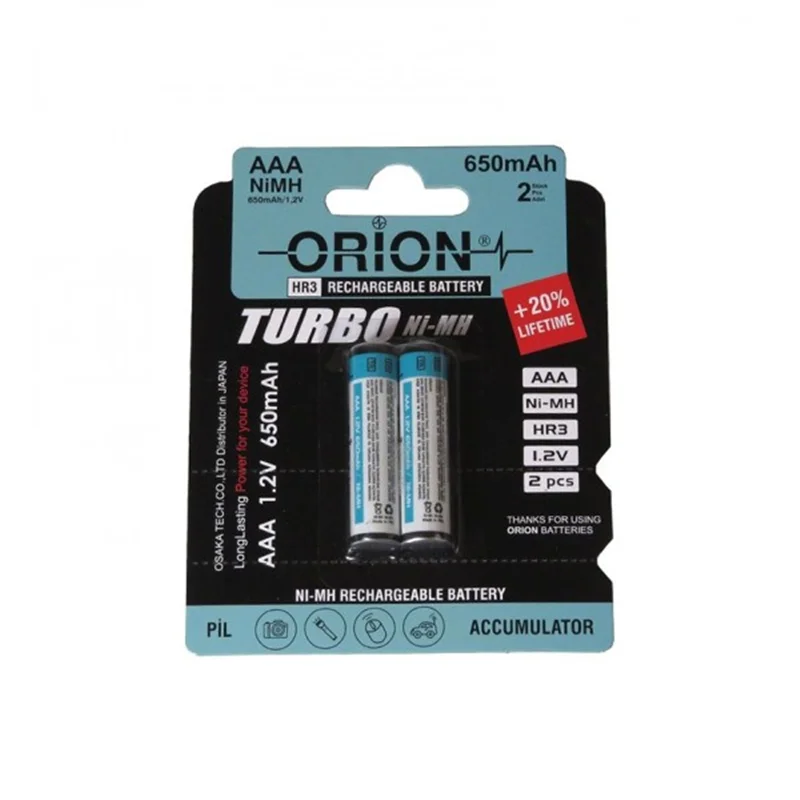 باتری نیم قلمی شارژی اوریون (ORION) مدل HR3 NiMH 1.2V ظرفیت 650mAh (کارتی 2 تایی)