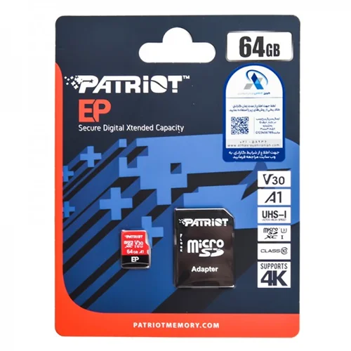 کارت حافظه موبایل PATRIOT مدل 64GB MicroSD A1 V30 4K EP خشاب دار